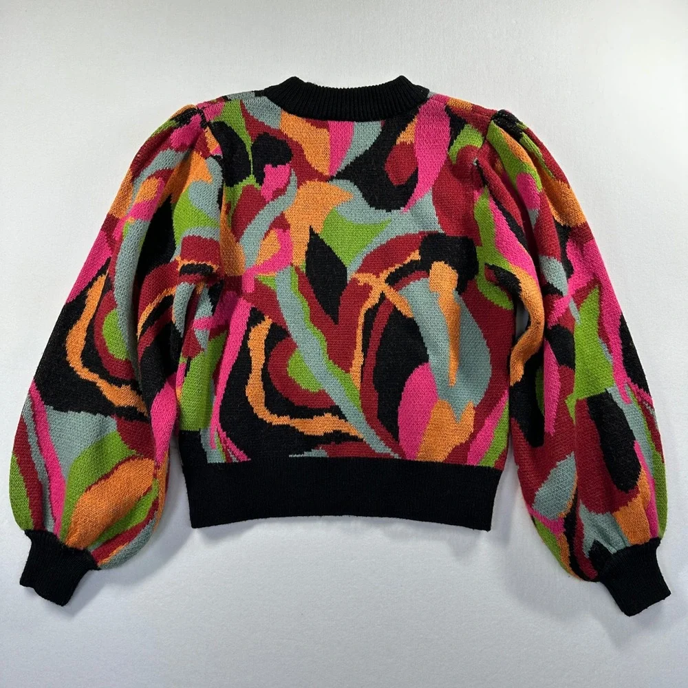 Farm Rio The Dance Multicolor Knit Sweater Sz Small Bold Colors‎ Balloon Sleeves